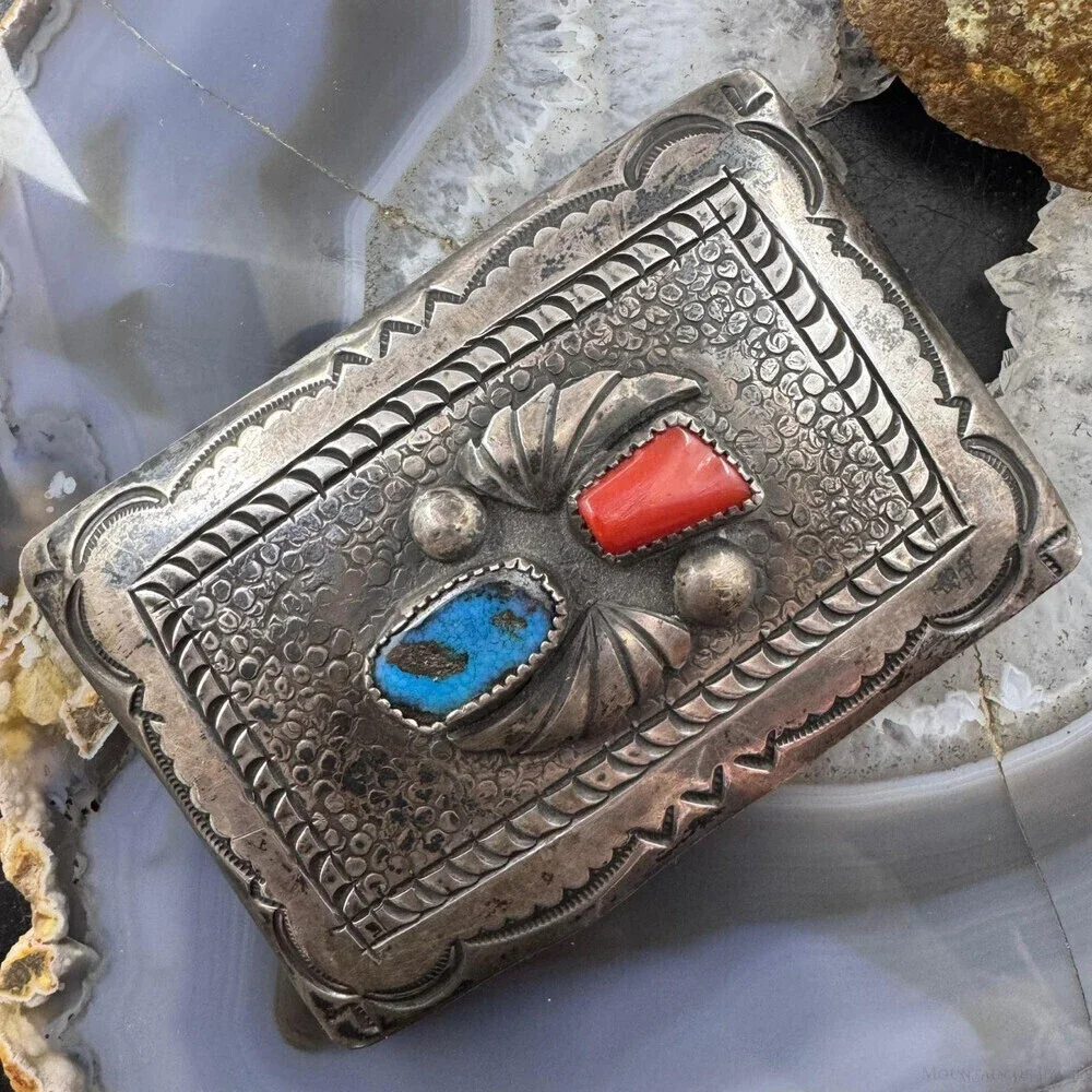 Vintage Richard Henry Yazzie Native American Silver Turquoise &Coral Belt Buckle